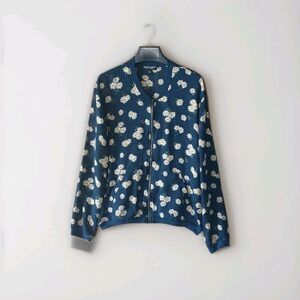 About A Girl Boutique Womens Blouse Sheer Navy Blue Floral Size Medium Full Zip